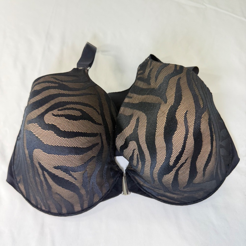 Soma Nadia Vanishing Back Front Close Zebra Mesh Bra Black Tan‎ 36DD
